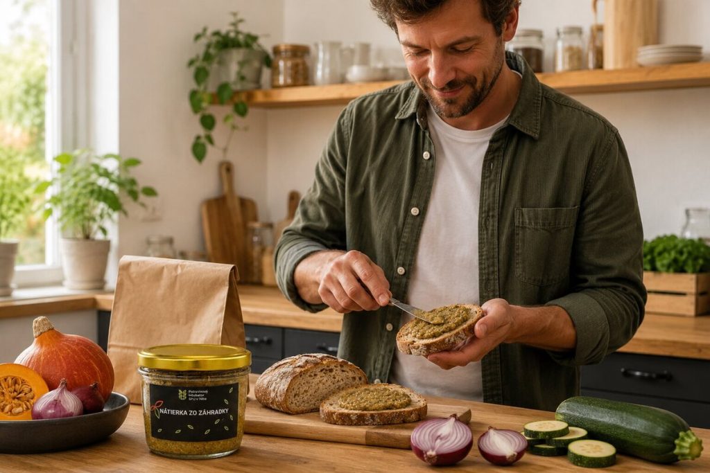 man preparing a snack with a garden spread
