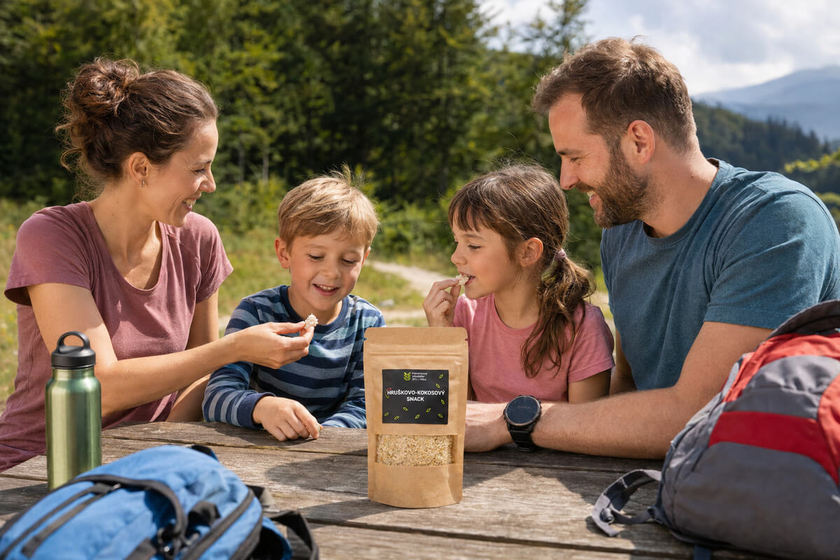 family enjoying a pear-and-coconut snack family enjoying a pear-and-coconut snack